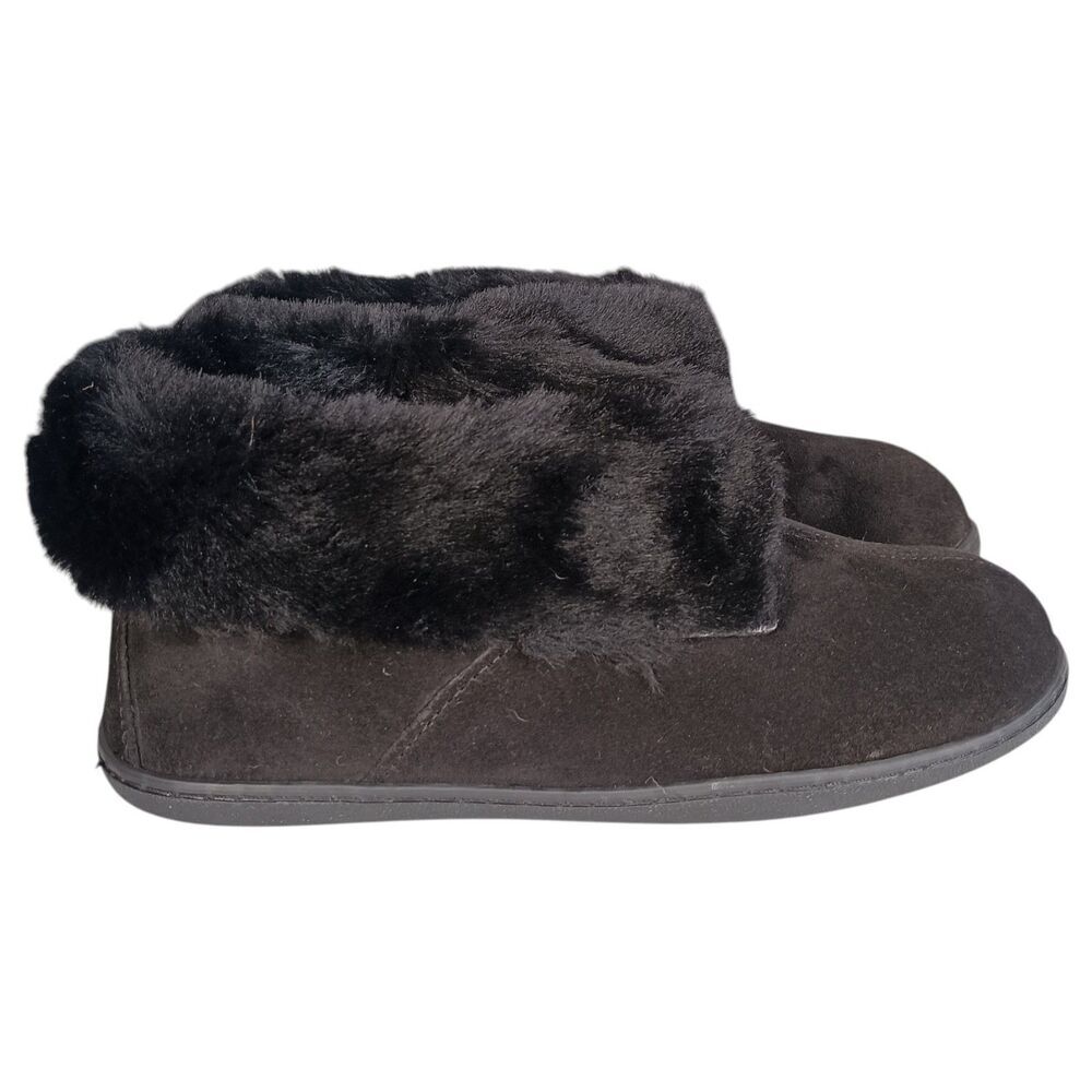 Minnetonka Suede Real Sheepskin Slipper Boots Womens 10 Black Fur Lining - Picture 3 of 14